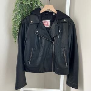 Levi’s Faux Black Faux Leather Hooded Moto Jacket Black Women's Medium